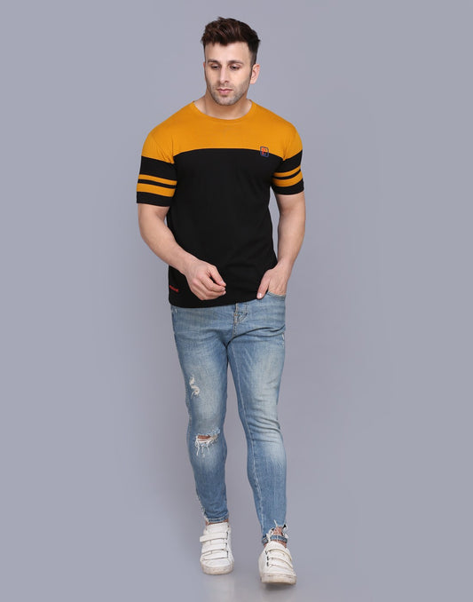 Men’s Striped Round Neck Half Sleeve T-shirt Black & Mustard image 1