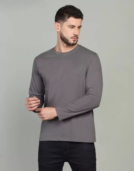 Men's Solid Round Neck Full Sleeve Dark Grey T-Shirt image 0