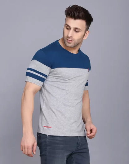 Men's Striped Round Neck Cotton Dark Grey T-Shirt image 2