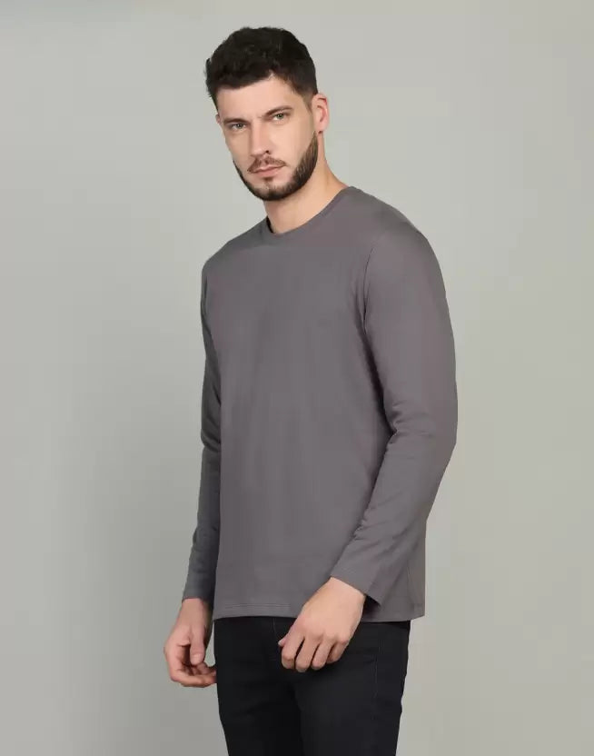 Men's Solid Round Neck Full Sleeve Dark Grey T-Shirt image 4