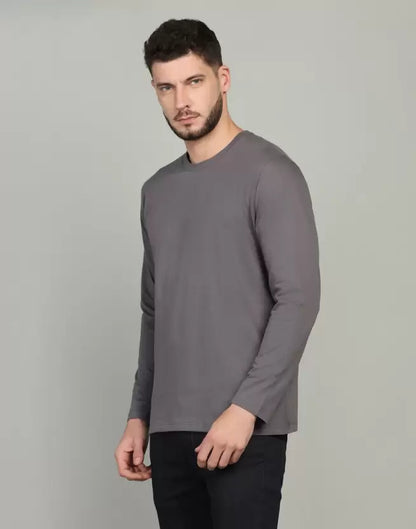 Men's Solid Round Neck Full Sleeve Dark Grey T-Shirt image 4