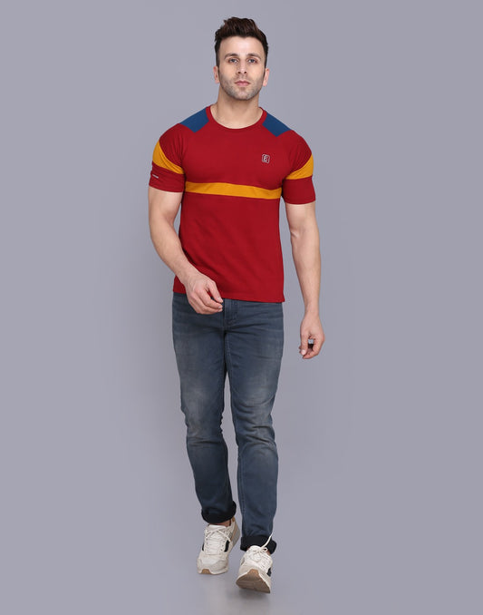 Men’s Striped Round Neck Cotton Maroon T-Shirt image 0