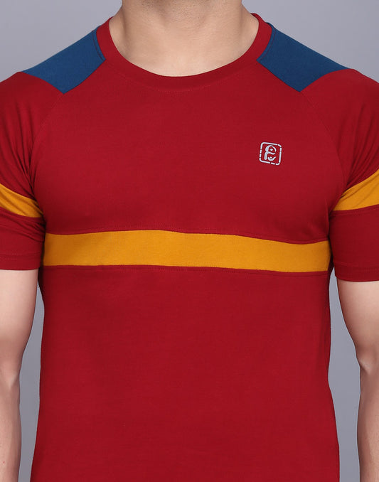 Men’s Striped Round Neck Cotton Maroon T-Shirt image 1
