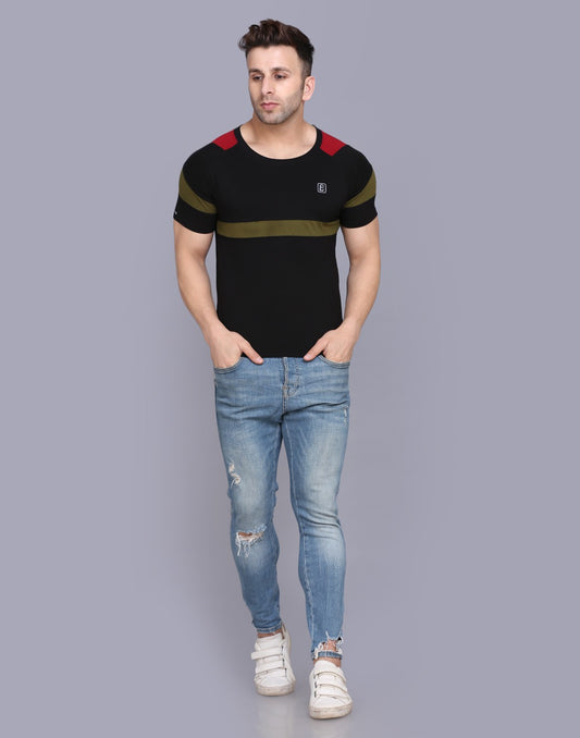 Men’s Striped Round Neck Half Sleeve T-shirt Black image 0
