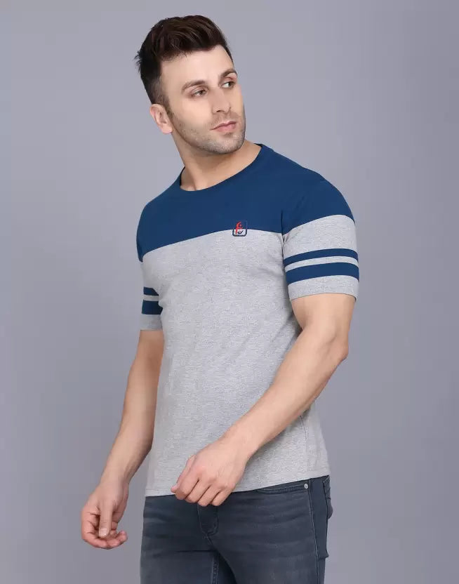 Men's Striped Round Neck Cotton Dark Grey T-Shirt image 4