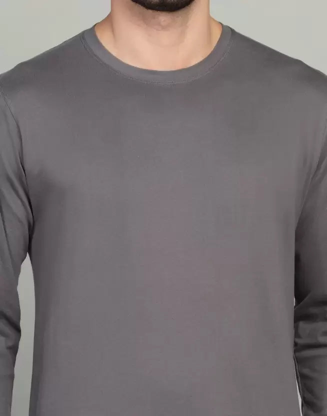 Men's Solid Round Neck Full Sleeve Dark Grey T-Shirt image 2