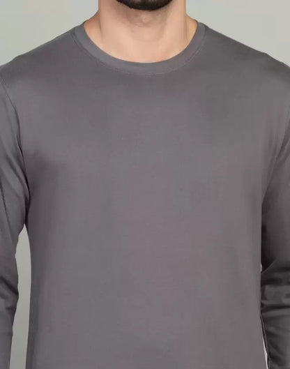 Men's Solid Round Neck Full Sleeve Dark Grey T-Shirt image 2