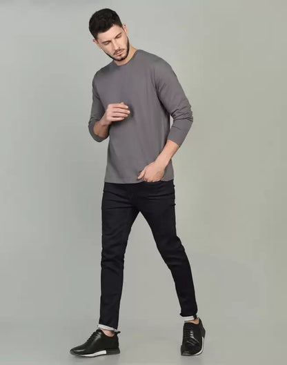 Men's Solid Round Neck Full Sleeve Dark Grey T-Shirt image 3