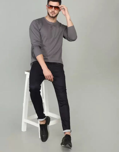 Men's Solid Round Neck Full Sleeve Dark Grey T-Shirt image 1