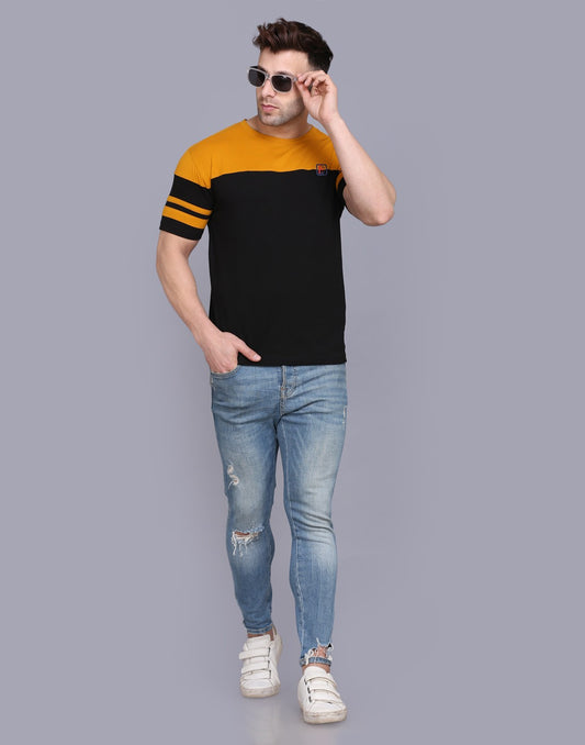 Men’s Striped Round Neck Half Sleeve T-shirt Black & Mustard image 0