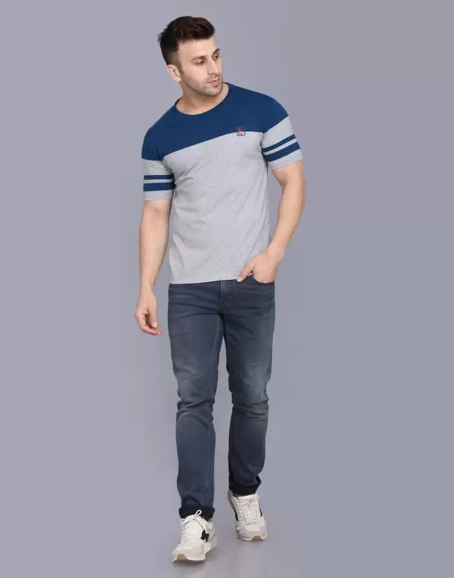 Men's Striped Round Neck Cotton Dark Grey T-Shirt image 1