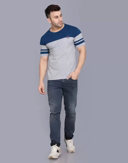 Men's Striped Round Neck Cotton Dark Grey T-Shirt image 1