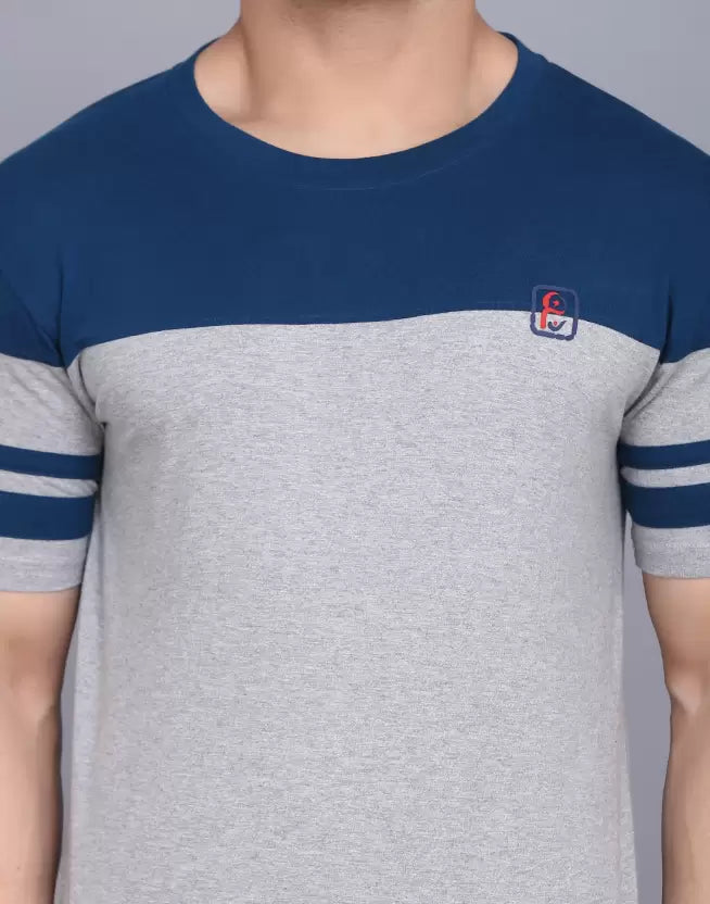 Men's Striped Round Neck Cotton Dark Grey T-Shirt image 3