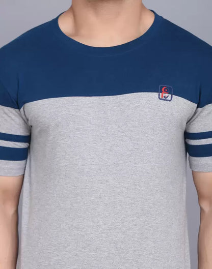 Men's Striped Round Neck Cotton Dark Grey T-Shirt image 3