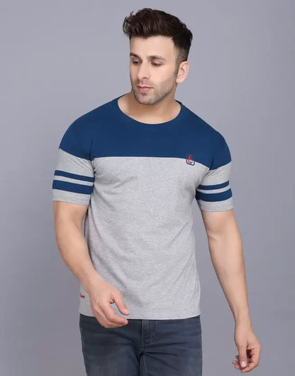 Men's Striped Round Neck Cotton Dark Grey T-Shirt image 0